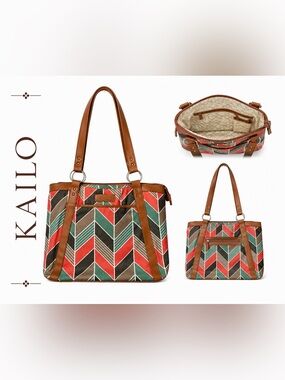 Kailo Chic Geometric Tote Bag Faux Leather Trim Multicolor Shoulder Bag